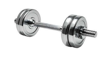 Gleaming chrome dumbbell with adjustable weight plates, isolated on black