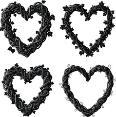 Elegant Black and White Heart-Shaped Vine Frames Set with Botanical Details