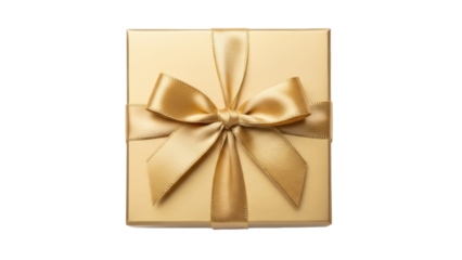 Gold gift box with ribbon isolated PNG, present for birthday or Christmas on transparent background, luxury packaging for special occasion