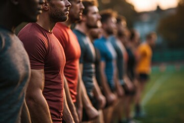 Lineout practice session for rugby team with men standing side by side on the field during sunset