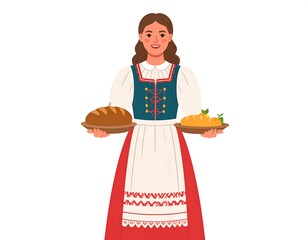 Smiling woman in traditional dress holding trays of bread and vegetables