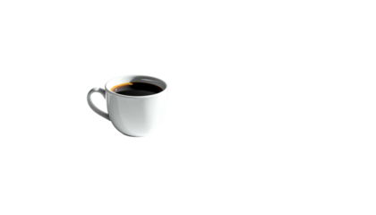 A white mug holding hot, dark coffee against a stark, black backdrop