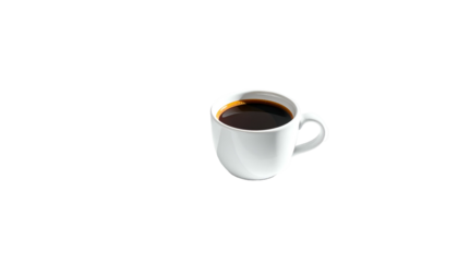 A white ceramic mug filled with dark coffee sits against a black background