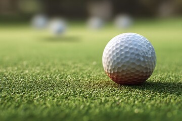 Obraz premium Golf ball resting on a vibrant putting green during a sunny day, showcasing precision and focus in the sport of golf with a scenic backdrop