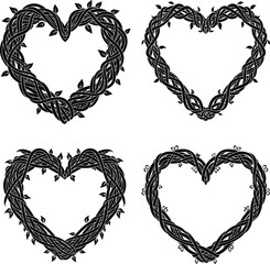 Set of Four Intricate Black and White Heart Frames with Intertwined Vines and Leaves