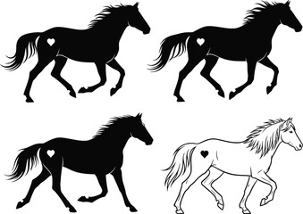 Dynamic Galloping Horses with Heart Symbol Silhouettes & Outline Vector Set