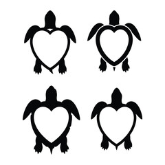 Heart Turtle Silhouettes - Set of Four Minimalist Sea Turtle Designs with Heart-Shaped Shells