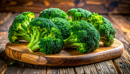Fresh Organic Broccoli Florets on a Rustic Wooden Cutting Board