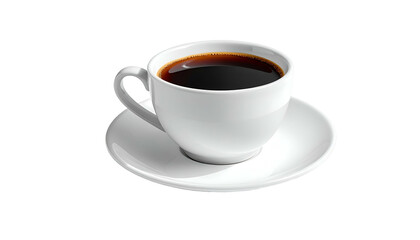 Isolated image of a white ceramic cup and saucer, filled with dark, steaming liquid