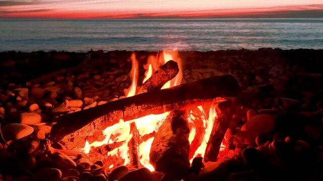 A campfire on the Black Sea coast in Tuapse. A campfire built on pebbles. A picnic at night by the sparkling logs of a campfire. A sunset on the slope of the Caucasus Mountains. 4К