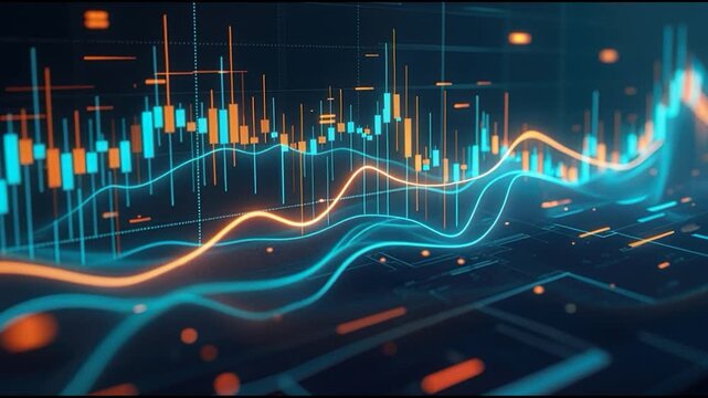 Dynamic neon trading chart and candlestick graph finance data analytics dashboard for market and economy investment glowing line wave financial graph interface, digital visualization pulse and risk