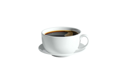 A white ceramic cup and saucer, filled with dark coffee, isolated on a black background