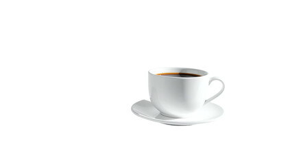 Obraz premium A white ceramic coffee cup, filled, sits on a saucer against a black backdrop, lit well
