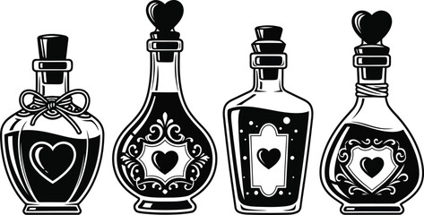 Elegant Love Potion Bottles Vector Art Collection: Vintage Elixir Flasks with Heart Motifs