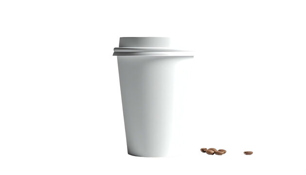 White disposable coffee cup with lid and scattered beans against a black background - Powered by Adobe