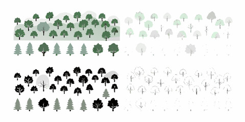 Stylized forest illustrations in varying shades and density arrangements