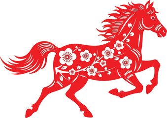 traditional jianzhi red horse galloping illustration