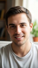 Fototapeta premium Confident handsome man smiling genuinely with bright eyes, perfect for lifestyle, healthcare, or professional portraits with a relatable, friendly vibe