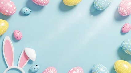 Colorful Easter Eggs with Bunny Ears on Light Blue Background