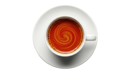 Aromatic espresso coffee in a white cup isolated on transparent background, rich crema and swirling pattern for cafe menu and beverage design