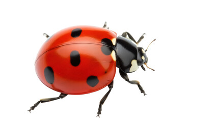 Red ladybug PNG isolated on transparent background, close-up of a seven-spot ladybug for biology and nature studies, insect with black spots