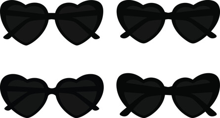 Four Black Heart-Shaped Sunglasses on White Background, Trendy Fashion Eyewear Design