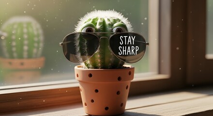 Cool cactus wearing sunglasses with stay sharp text on a sunny windowsill