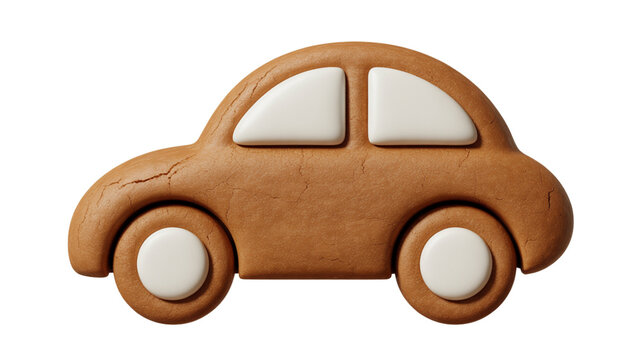 Gingerbread Car Cookie with White Icing Windows and Wheels, Front View Holiday Treat, Isolated on Transparent Background