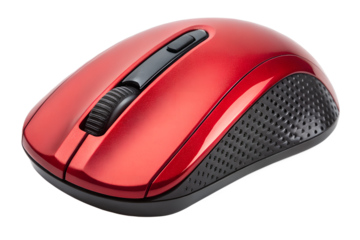 Red Wireless Computer Mouse with Glossy Finish and Textured Grip Isolated on White Background