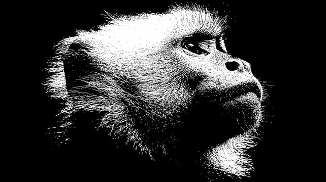 Striking Primate Portrait: High Contrast Black and White Monkey Head in Profile with Dramatic Lighting and Artistic Style