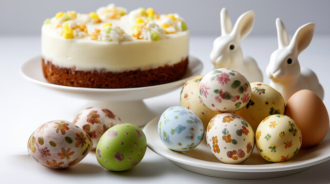 Easter celebration symbol collection, decorated eggs and bunnies, traditional cake and chick, festive holiday arrangement, white background display, with copy space