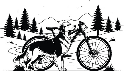 Golden retriever dog with mountain bike vector illustration in forest landscape for outdoor adventure and cycling enthusiasts.