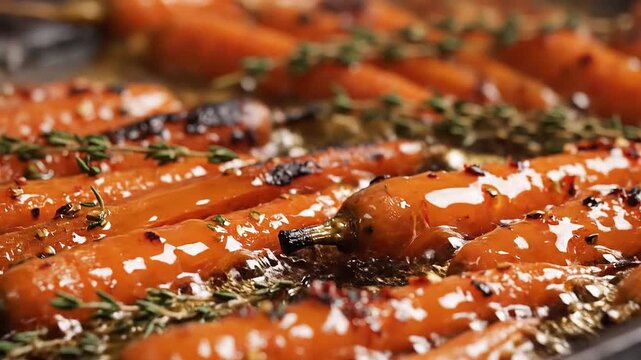 Vibrant orange carrots being roasted with honey glaze on sheet pan