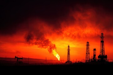Fire blazes in an oil field at dusk with silhouetted drilling rigs against a vibrant orange and red sky