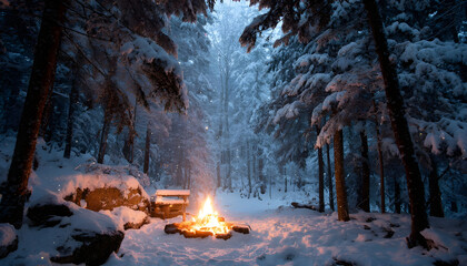 a fire of wood burning in the middle of a heavily snow-covered forest