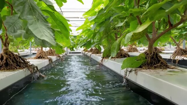 Horizontal hydroponic tree cultivation in medium shot focusing on root systems immersed in flowing enriched water channels.