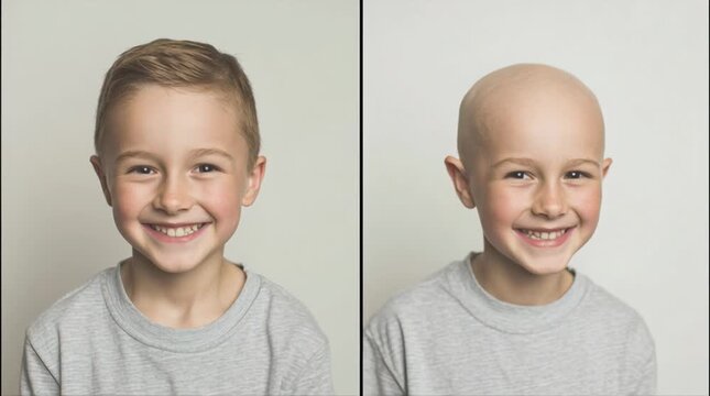 Split-screen medical transformation showing childhood cancer treatment impact, illustrating resilience, recovery, and emotional healthcare storytelling