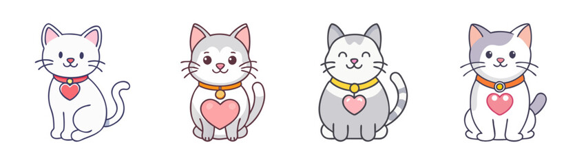 Cute cartoon cats wearing collars and holding hearts