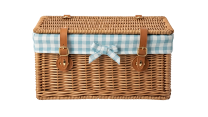 Wicker picnic basket with blue gingham lining isolated PNG, vintage style hamper for outdoor dining and food storage on transparent background