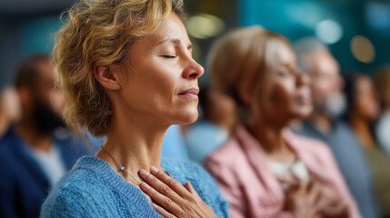 Diverse Christian worshippers in prayer, hands on hearts peacefully, eyes closed in devotion, deep spiritual connection, evangelical congregation gathering, with copy space