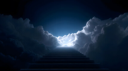 Stairway to Serenity: An ethereal stairway ascends into the heavens, enveloped by fluffy clouds, a symbol of hope and divine journey.