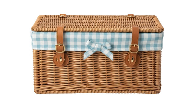 Wicker picnic basket with blue gingham lining isolated PNG, vintage style hamper for outdoor dining and food storage on transparent background