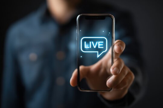 Live streaming social media network concept portrayed through a smartphone held by a person, showcasing digital communication and interaction in modern life - Powered by Adobe