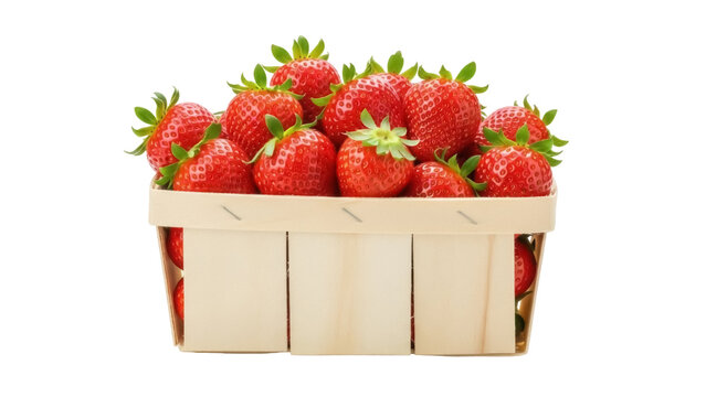 Fresh ripe red strawberries in wooden basket isolated PNG, summer fruit dessert for healthy eating and organic food concepts