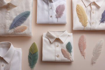 Flat lay of clothing items with feather appliques arranged for online shop catalog, bright neutral background