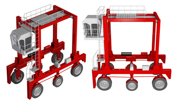 Red container straddle carrier for port terminal logistics, industrial mobile machine for freight handling and transport, isolated on white, 3d rendering.