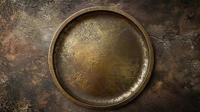 Video A golden oval plate sits atop a warm brown surface, perfect for use as a decorative accent or prop in still life 