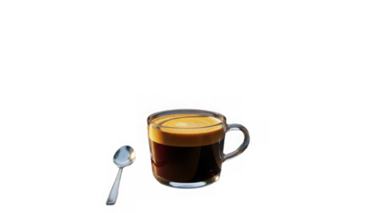 A close-up shot of a small glass cup filled with freshly brewed espresso and rich crema, accompanied by a small spoon.
