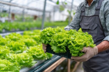 Farmer inspects fresh lettuce quality in a greenhouse during harvest season while ensuring the best produce for market