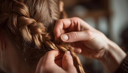 Naklejka premium A close-up view of a person's hands braiding another person's hair